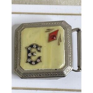 VTG Art Deco Celluloid Inlay Rhinestone Letter E Silver Plate Petite Belt Buckle